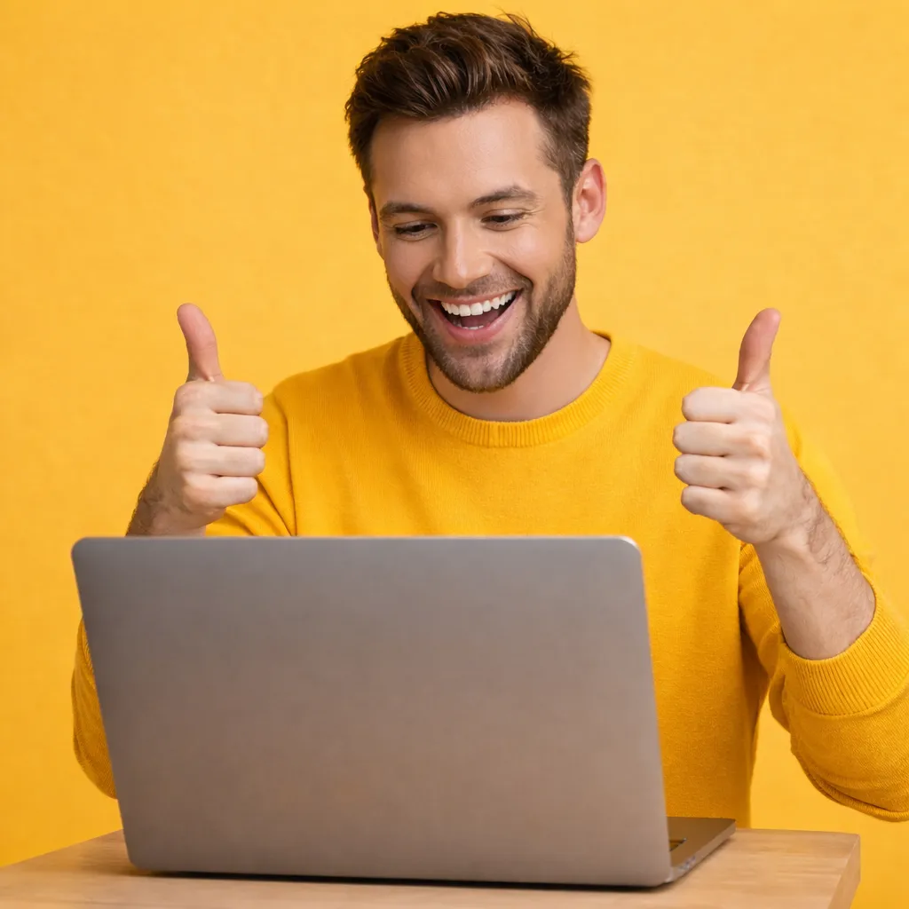 Entrepreneur satisfait validant le succès de sa stratégie digitale sur son ordinateur