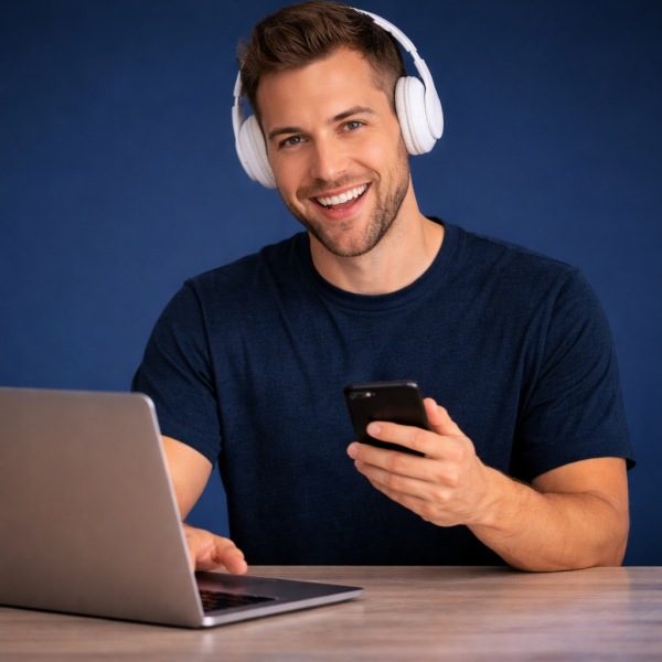 Homme souriant portant un casque audio utilisant un smartphone et un ordinateur portable sur fond bleu.