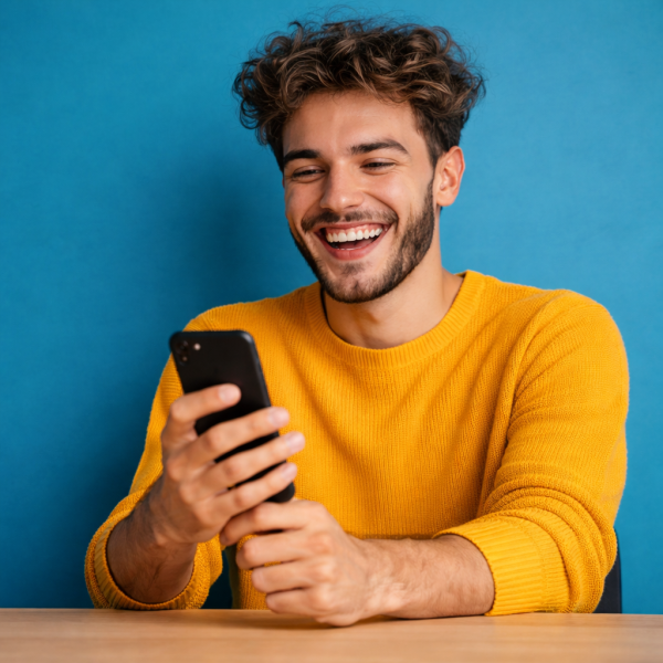 Jeune homme souriant utilisant son smartphone, assis à une table sur fond bleu, portant un pull jaune.